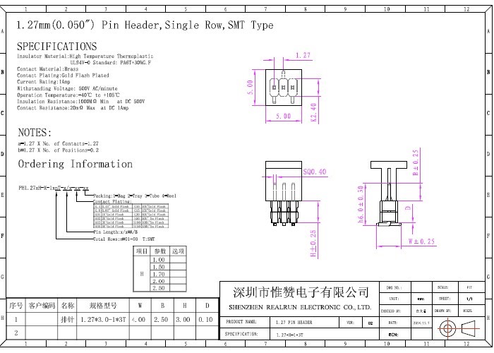 Plastic 3 Pin Single Row Header Connector 1.27mm Vertical Mount SMT Type