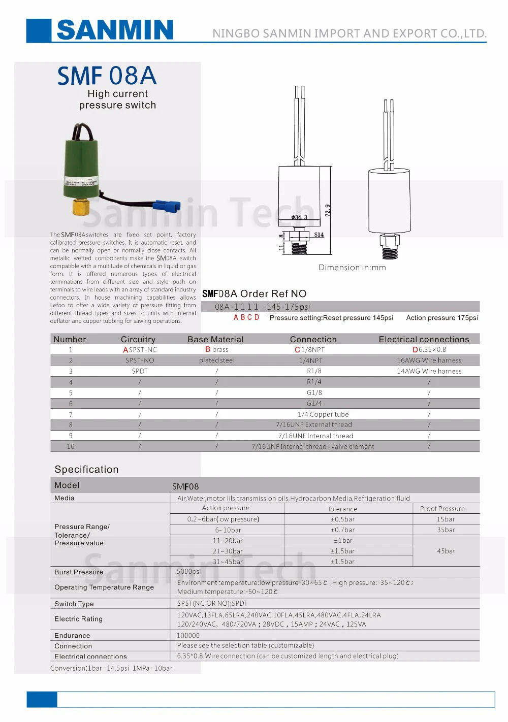 SMF08A 1/8 1/4 High Current Pressure Switch Fixed Set Point Automatic Reset Air Water Pressure Switch High Quality NBSANMINSE