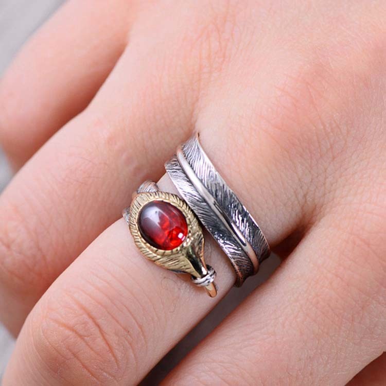 Red Agate Oxidized Feather 925 Sterling Silver Adjustable Ring (052639RED)