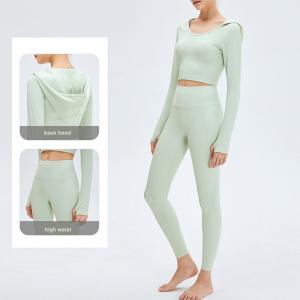 China High Waist Ribbed Yoga Clothes Women Long Sleeve Hooded Crop Top Set wholesale