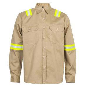 China Khaki Reflective FR Welding Shirt 100% Cotton CAT2 ATPV wholesale