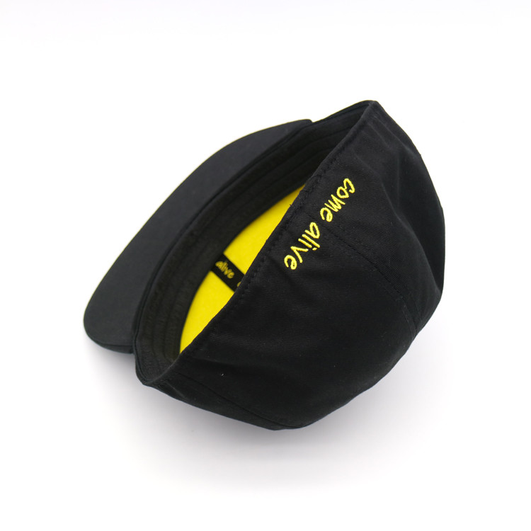 Display Bill 6 Panels Embroidered Flat Visor Cap 100% Cotton Twill Yellow Woven Patch