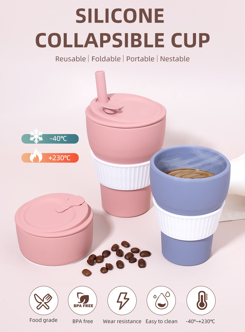 Flexible Collapsible Silicone Coffee Cups 12oz 16oz Cold / Heat Resistance