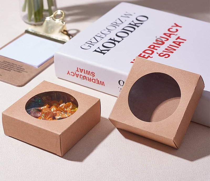 Food Packaging Boxes with Custom Round Window Front and Recycled Material Made of Kraft Paper