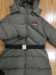 Polyester Womens Long Padded Coat With Hood Belt Zips Long Puffer Fur Hood