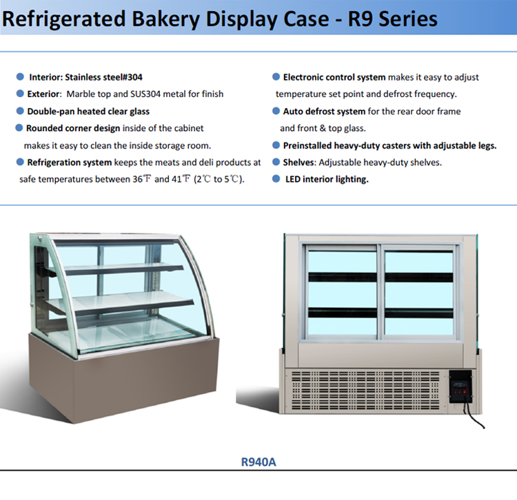 Luxury refrigerated cake display case for bakery shop with CE/ETL
