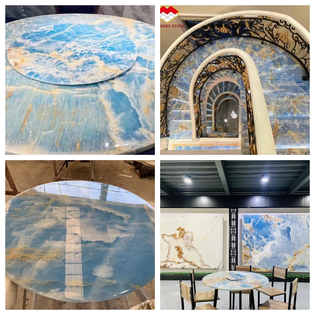 Natural Translucent Blue Onyx Stone Slab for TV Background Wall Panel in Golden Blue