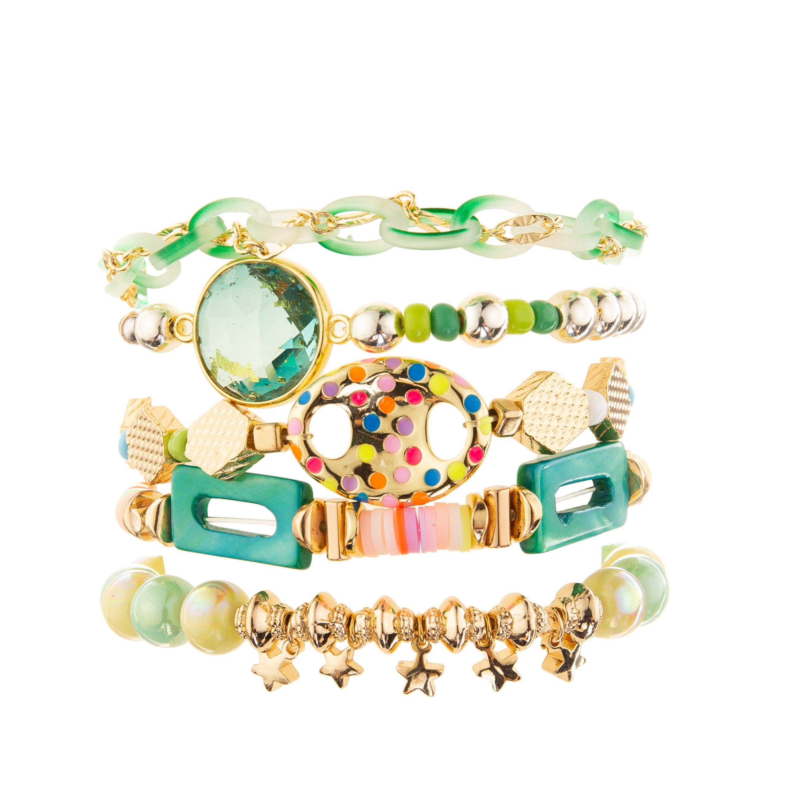 Gold Plated Handmade Beads Chain Link Bracelets With Round Faceted Crystal