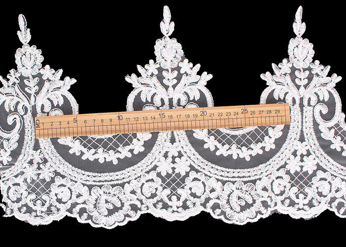 Custom Floral Applique Embroidered Lace Trim Polyester On Nylon Mesh