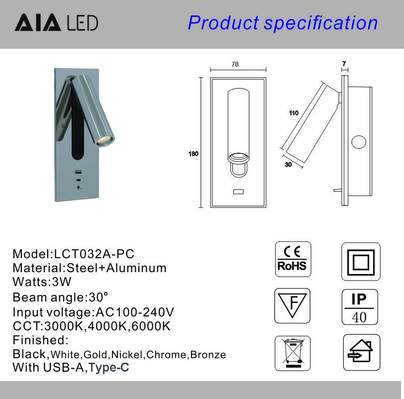 USB type-C 3W bedside reading wall light headboard wall lights hotel villa bed wall lamps rotate lamp