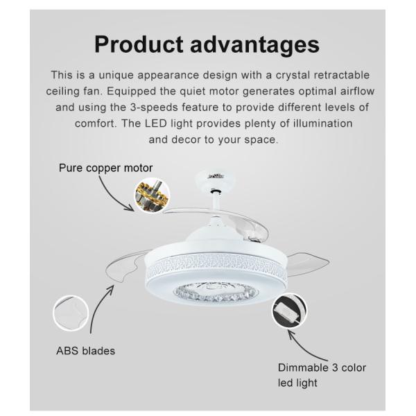 Low Watt Elegant White Color Retractable Ceiling Fan Light with Crystal Lampshade