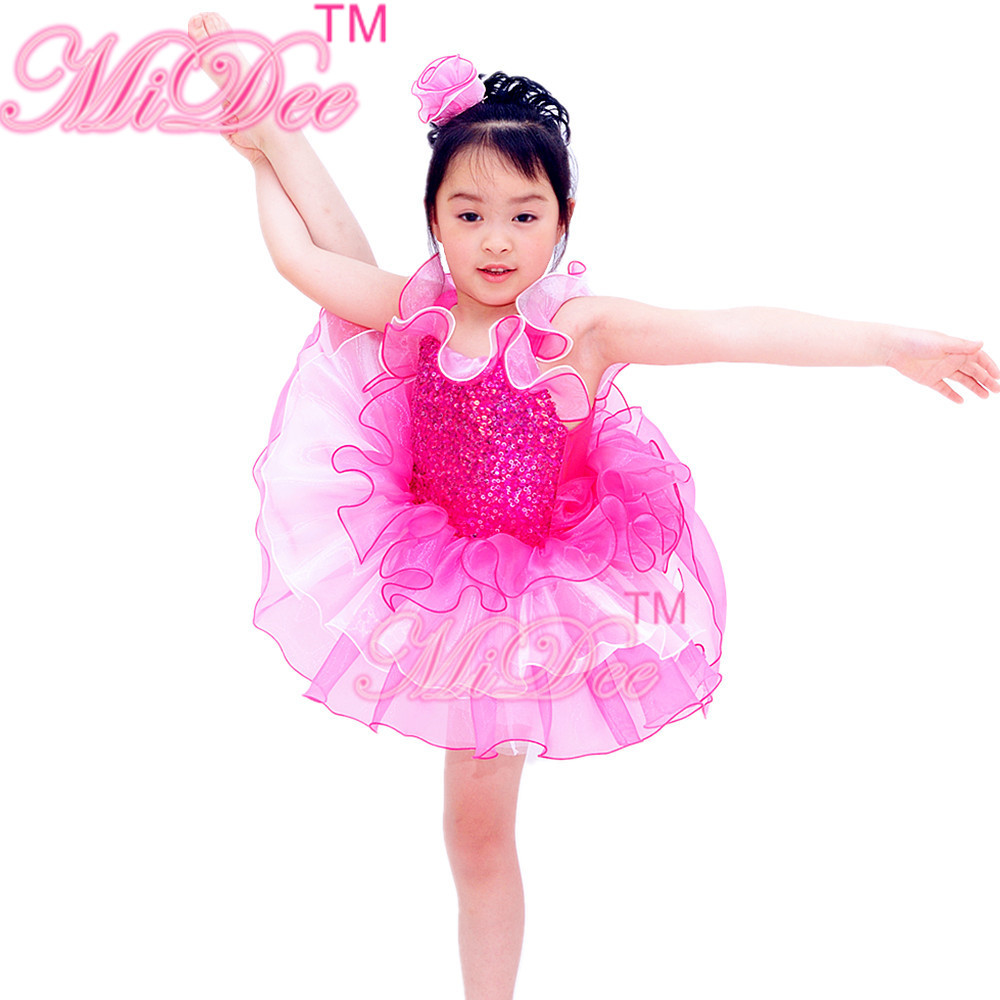 White And Cerise Two Tones Ruffle Tiers Skirt Leotard Under Back Waist Big Bow Dance Competition Costumes
