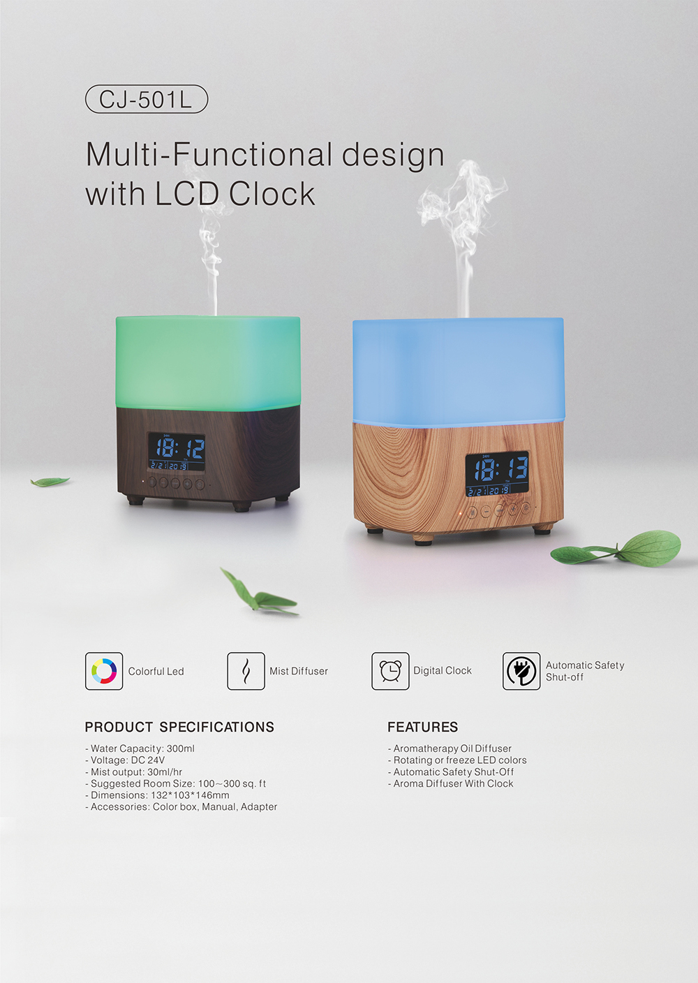 Hotel Ultrasonic Aroma Mist Essential Oil Diffuser Alarm Clock