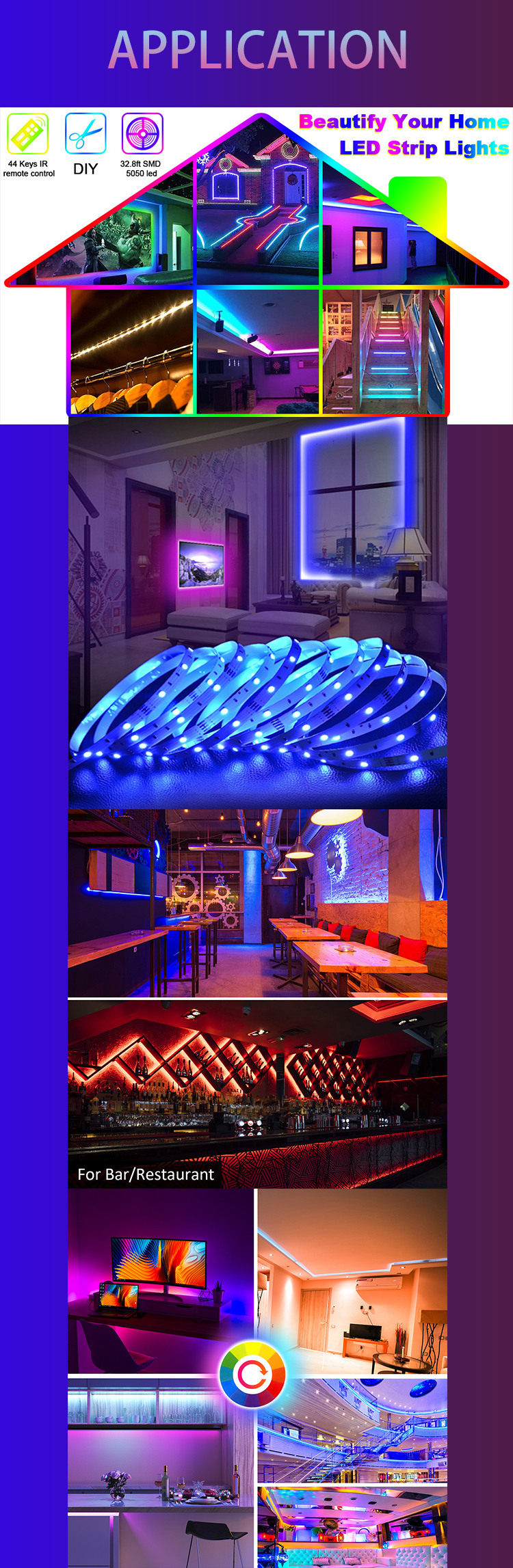 180LEDS 10M RGB 5050 Led Strip Light with TUYA WIFI Control 24Key IR Remote and Music Sync PCB Width 10mm