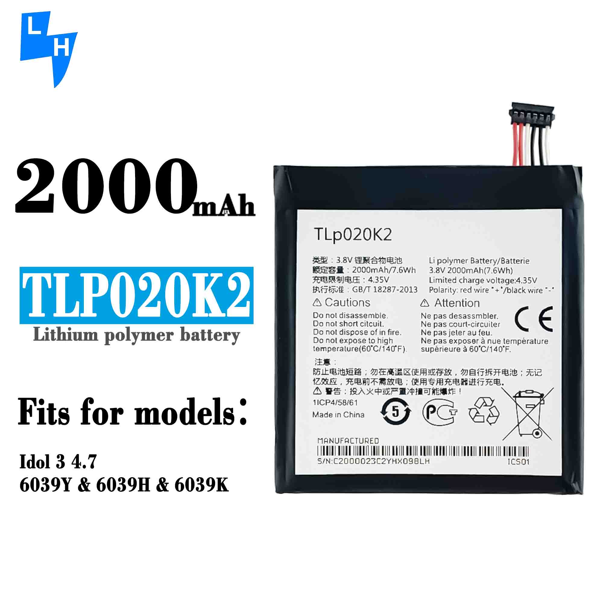Alcatel One Touch Idol 3 4.7 OT6039 6039Y 6039H 6039K Battery 2000mAh TLP020K1 TLP020K2