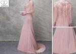 Unique Tulle Pink Mermaid Style Prom Dress Beading Bat Wing Sleeve Stretch