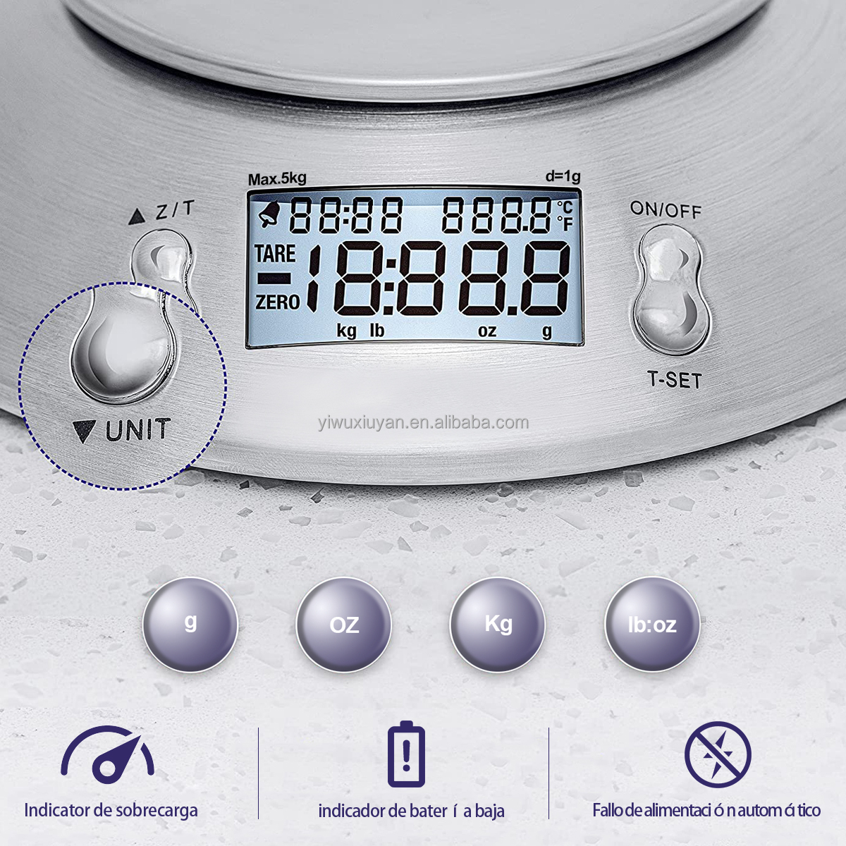 Stainless Steel Digital Kitchen Scale High Accuracy 5kg/1g with Removable Knead Dough Bowl and Room Timer Battery Powered