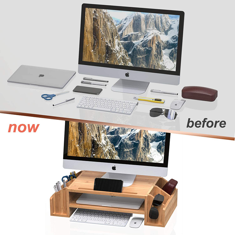 Convenient 2-tier Bamboo Monitor Stand with 58*25*16cm Multi-functional Storage Drawer