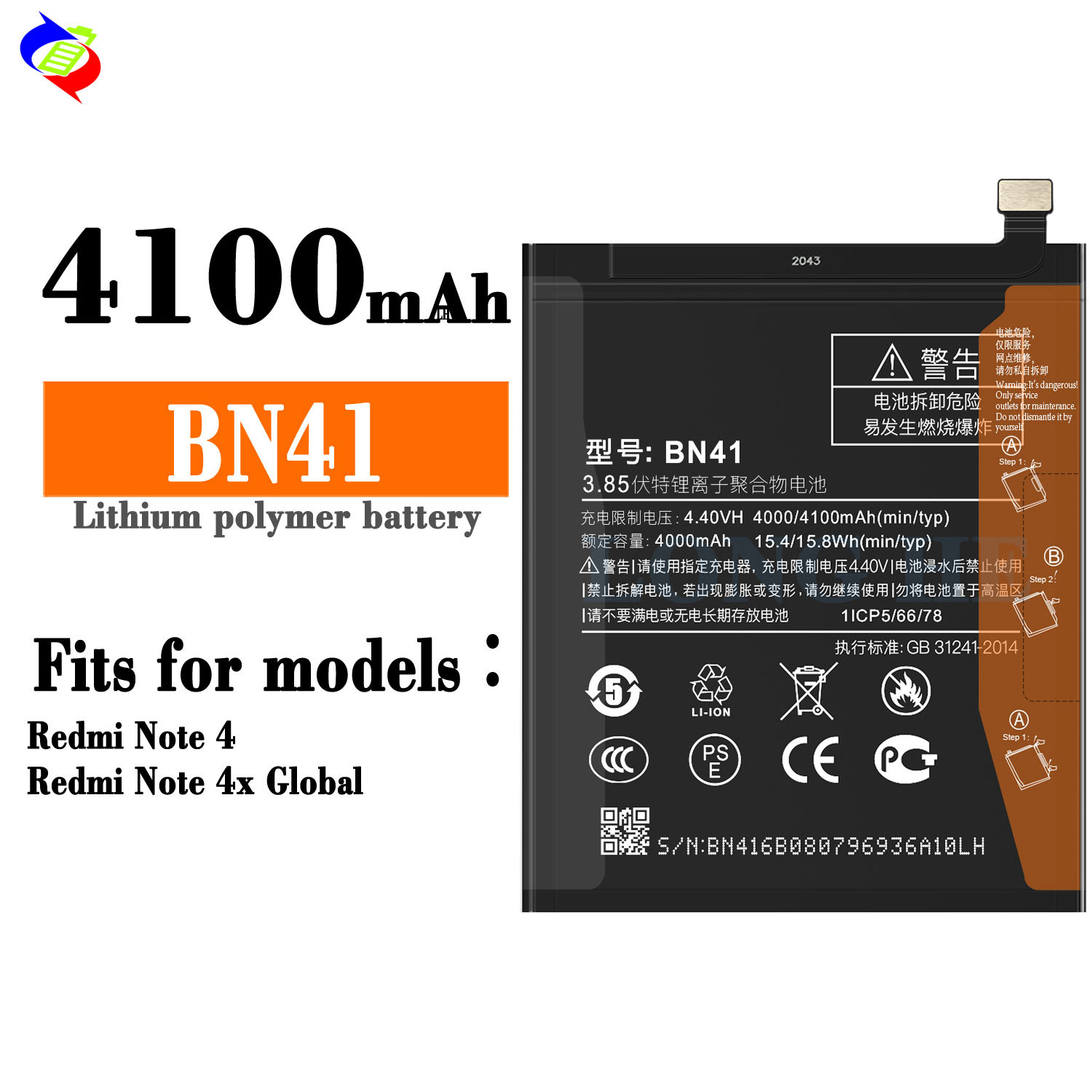 100% Original Capacity 4100mAh Replacement Battery BN41 for Xiaomi Redmi Note 4