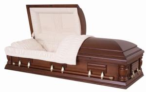 China Semi Gloss Solid Wood Coffins , Mahogany Wooden Coffin With Almond Velvet Interior wholesale