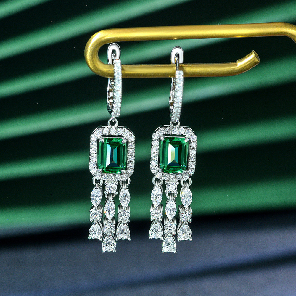 Green Gemstone Cubic Zirconia Long Drop Earrings For Wedding