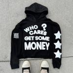 Rhinestone Black 3d Custom Puff Print Hoodie Pullover 100% Cotton Heavyweight