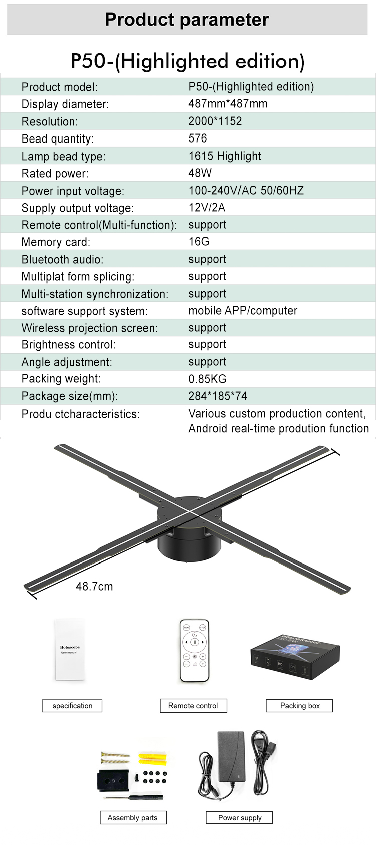 3d Holographic Display 50cm Hologram Fan with MP4/AVI/RMVB/GIF/JEPG/PNG/MKV Content