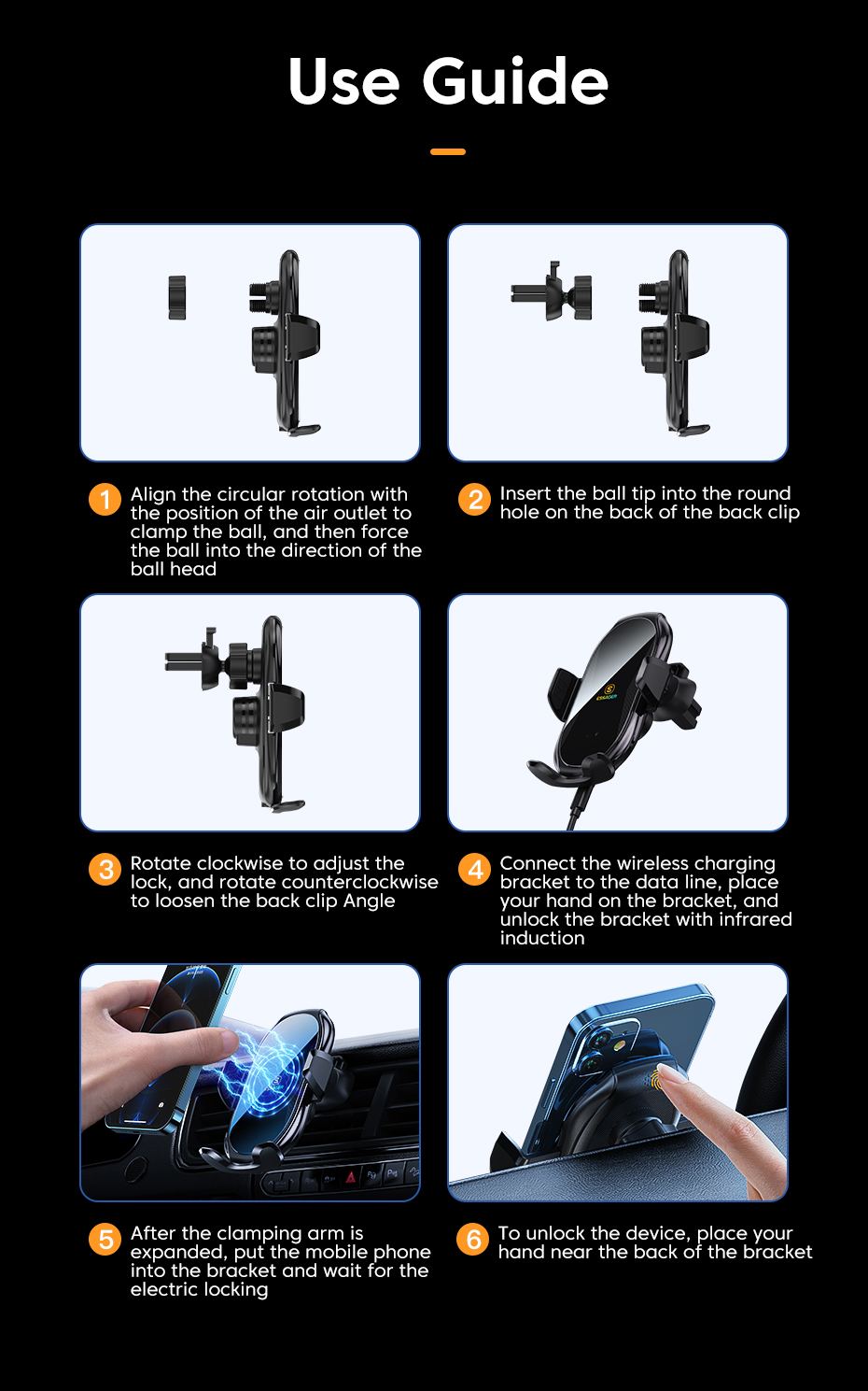Essager 2022 Premium Air Vent Infrared Control Cell Phone Holder Fast Charging Mount 15W Qi Wireless Charging Holder For Car