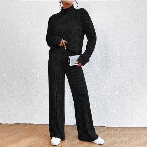 2024 Autumn and Winter Casual High Neck Knitted Long sleeved Sweater Set Women's Loose Pants Two Piece Set