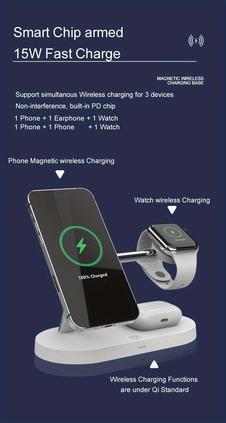 4-in-1 Magnetic Wireless Charging Stand Night Light Included Charging Distance 5mm