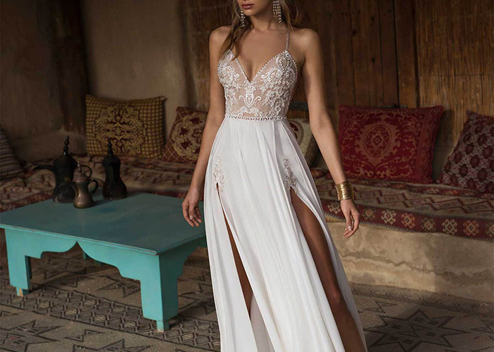 Embroidery Beading Sexy Halter Bridal Gowns Deep V Neck Chiffon High Slit
