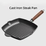 Kitchen Cooking Grill Steak Non Stick Cast Iron With Wooden Handle