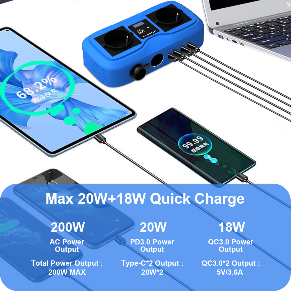 200W Car 12v To 220v Inverter Cigarette Lighter Power Inverter With 2 USB Charger Port