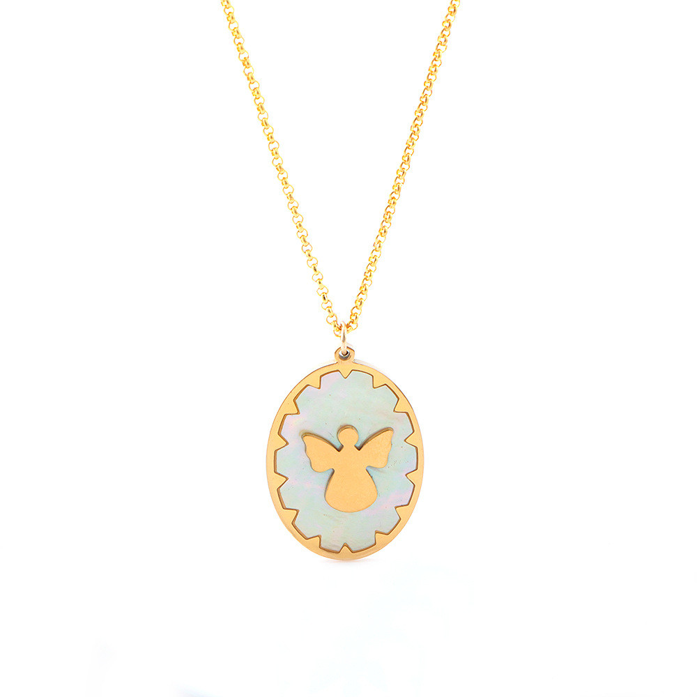 Stainless steel necklace, hanging tag pendant, women's pendant, inlaid with shell, drip glue, gold electroplating process