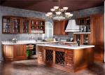 Contemporary L Shaped Kitchen Cabinets With Glass Door And Red Paint Island