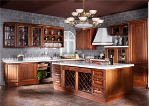 China Contemporary L Shaped Kitchen Cabinets With Glass Door And Red Paint Island wholesale
