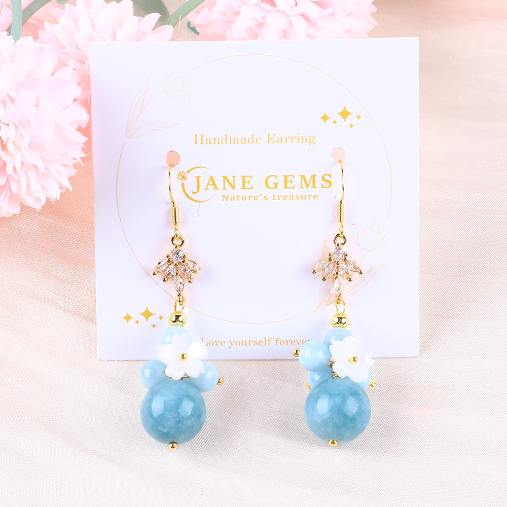 Custom DIY Crystal Aquamarine With White Flower Charm Round Shape Bead Earring For Daily Wear