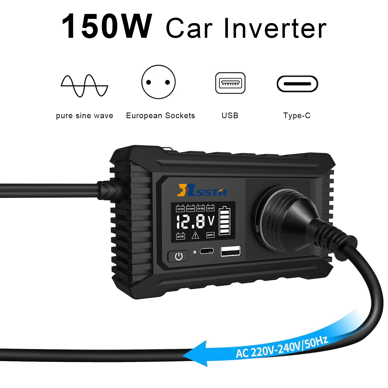 SZSSTH Inversor EU USA Universal Socket GaN PD Fast Charger Car Power Inverter 12V 220V 2 AC Outlets USB 150W Car Inverter