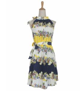 China Summer Halterneck Floral Print Sleeveless Pleated Dresses With Belt For Women wholesale