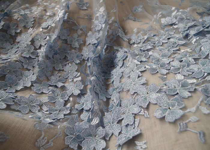 Royal Blue Embroidery Tulle Lace Fabric With 3D Flowers For Haute Couture