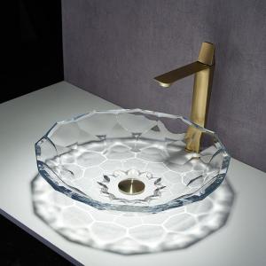 China Shinning Glass Wash Basin Transparent Faceted Shape Bathroom Sink Basin wholesale