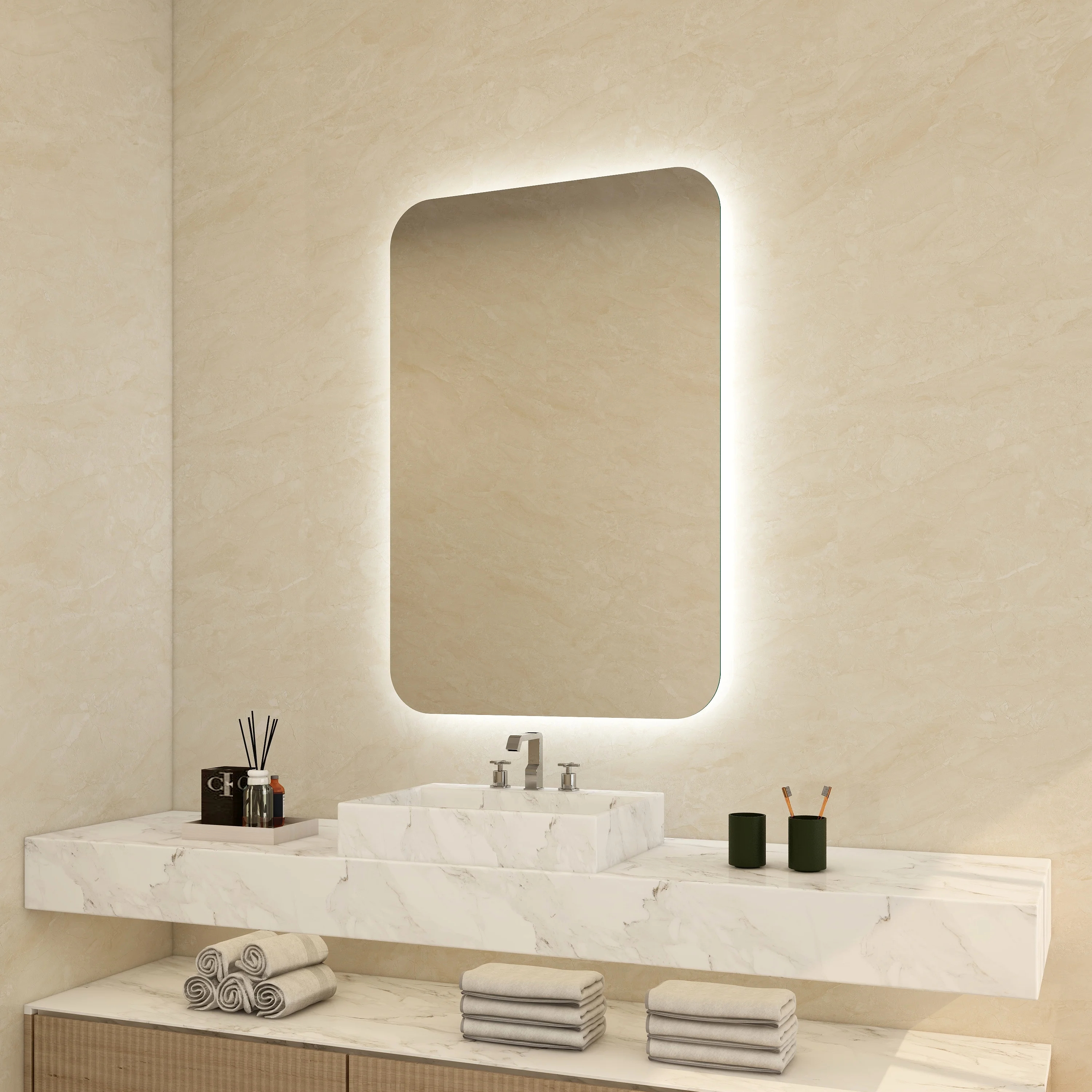 Customized Size Intelligent Wall Mounted LED Backlit Vanity Mirror for Hotel Bathrooms