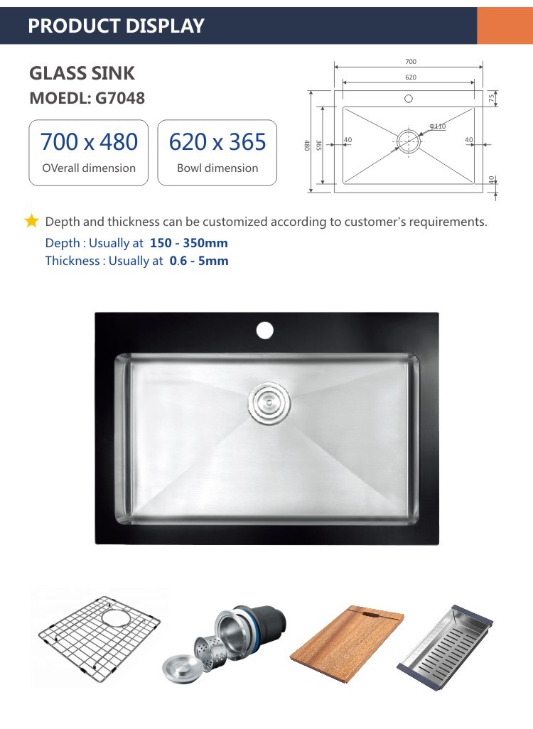 70x48 Tempered Glass Kitchen Sink 28' Undermount Single Bowl