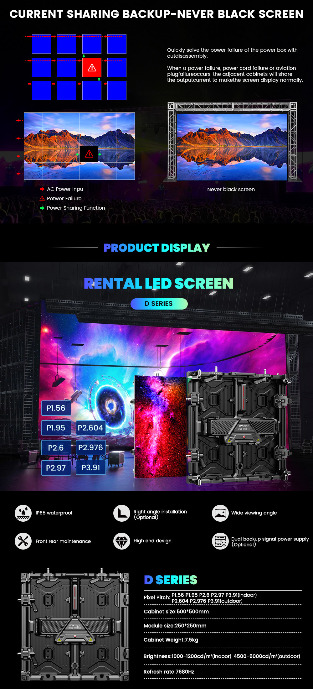 Waterproof 500x500 full color p3.91 p1.56 P2.604 7680hz panel indoor outdoor display wall stage rental led screen