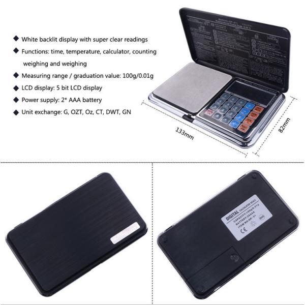 0.01g High Accuracy Jewelry Scale with Counting Function Blue Screen Display and Clock Temperature Digital Pocket Scale