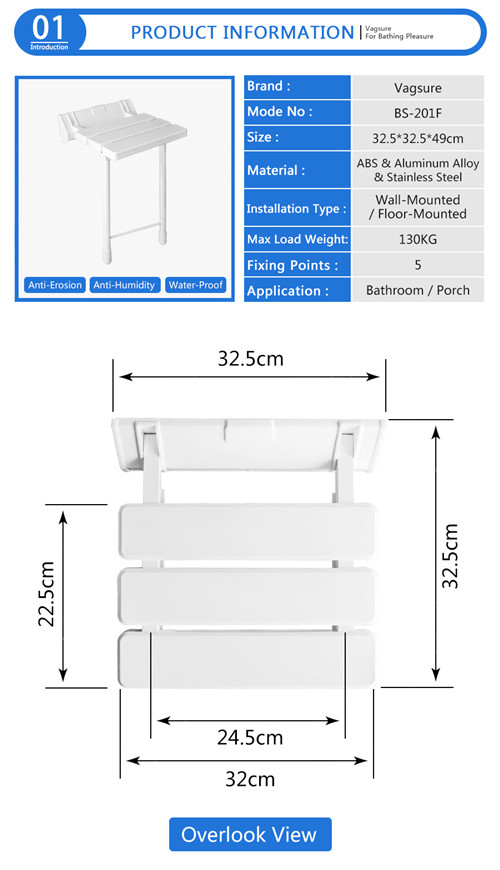 Durable Safety Wall Mounted Shower Seat With Legs Smooth Surface Size 32.5*32.5*49cm