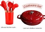 Red Enamel Cast Iron Shallow Casserole With Silicone Cutlery Sets