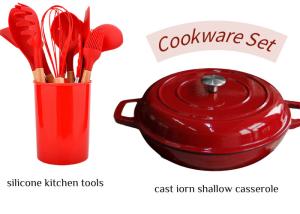 China Red Enamel Cast Iron Shallow Casserole With Silicone Cutlery Sets wholesale