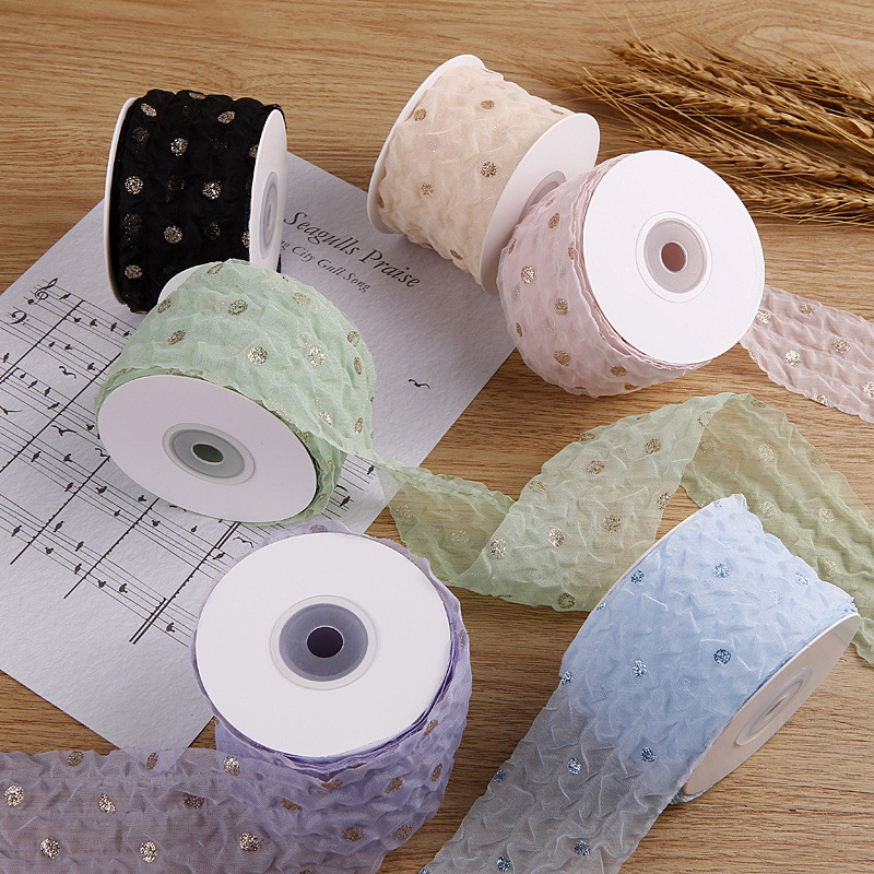 50mm Organza Ribbon With Dot Pattern Gold Foil Printed Polyester Organza Ribbon OEM Eco Friendly