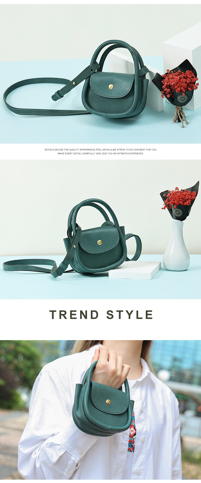 First Layer Cowhide Single Shoulder Street Fashion Lipstick Bag with Zipper Hasp Closure